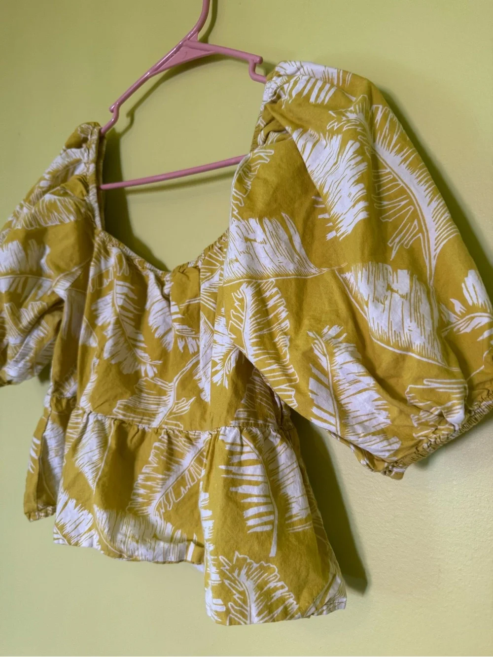 Smocked Puff Sleeve Peplum Top - yellow Leaf Print